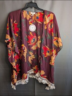 Umgee Plum Floral Kimono with Mustard & Red Accents